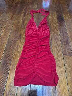 Vintage de more Y2K Red Lace Halter Ruched Mini Dress SIZE SMALL
